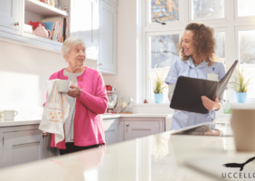 Nurse assessing elderly woman for care needs at home in the kitchen