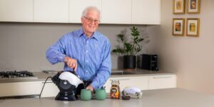 Elderly Man making coffee witht he Uccello Kettle