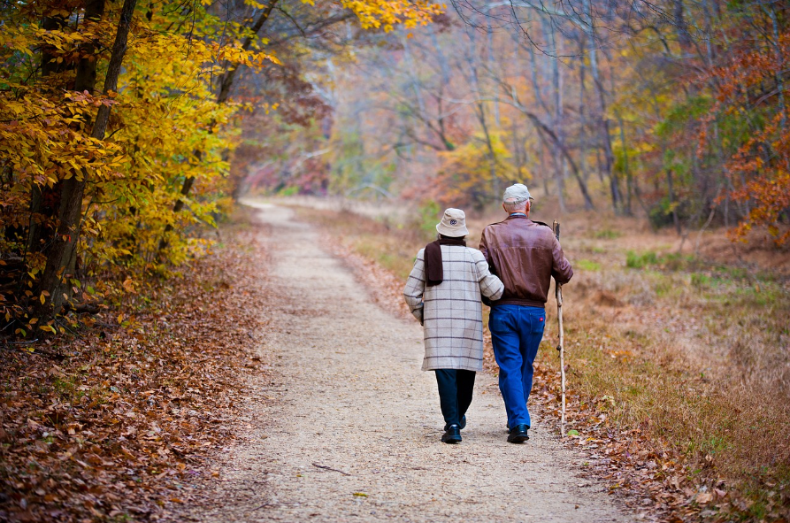 Elderly couple walking a path in the woods