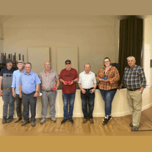 7 Elderly men and 1 lady playing Boccia in the Offaly Men's Shed