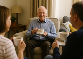 Elderly man sitting on couch with cup or tea talking to woman and man in front of him