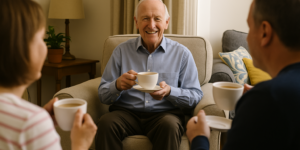 Elderly man sitting on couch with cup or tea talking to woman and man in front of him