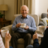 Elderly man sitting on couch with cup or tea talking to woman and man in front of him