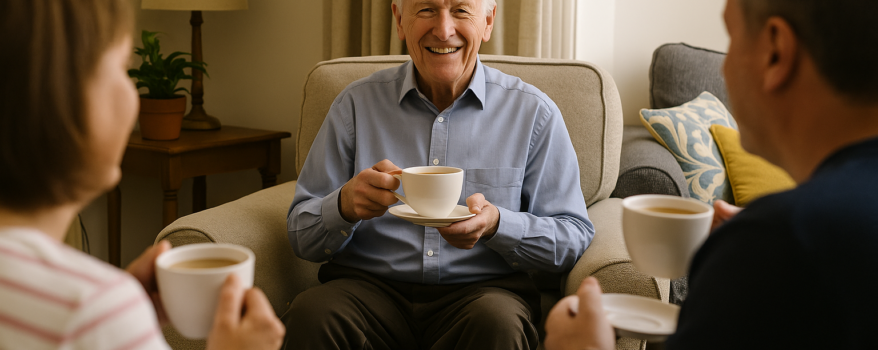 Elderly man sitting on couch with cup or tea talking to woman and man in front of him