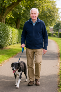 Elderly man out walking his dog