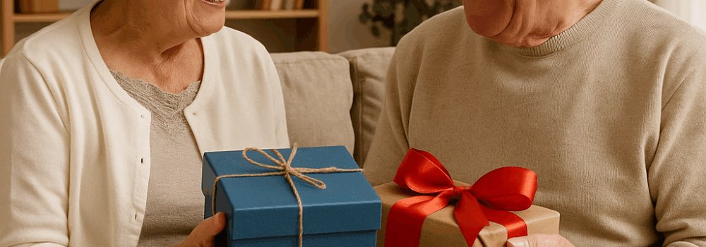 Elderly man and woman exchanging gifts