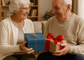 Elderly man and woman exchanging gifts