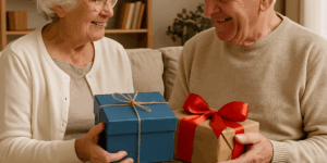 Elderly man and woman exchanging gifts