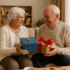 Elderly man and woman exchanging gifts