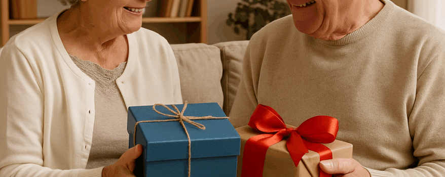 Elderly man and woman exchanging gifts