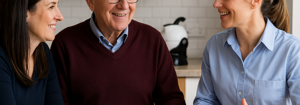 Occupational therapist with elderly man and his daughter