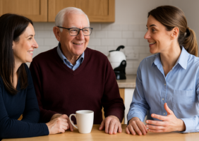Occupational therapist with elderly man and his daughter