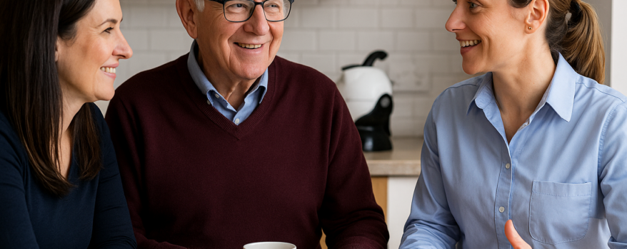 Occupational therapist with elderly man and his daughter