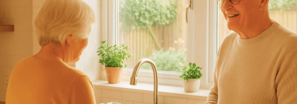 Elderly man and woman in the kitchen washing the dishes at the sink