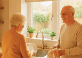 Elderly man and woman in the kitchen washing the dishes at the sink