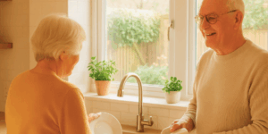 Elderly man and woman in the kitchen washing the dishes at the sink