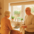 Elderly man and woman in the kitchen washing the dishes at the sink