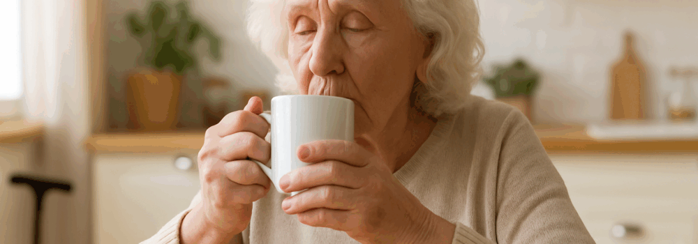 Elderly blind woman enjoying a cup of tea in her kitchen