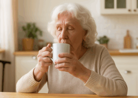 Elderly blind woman enjoying a cup of tea in her kitchen