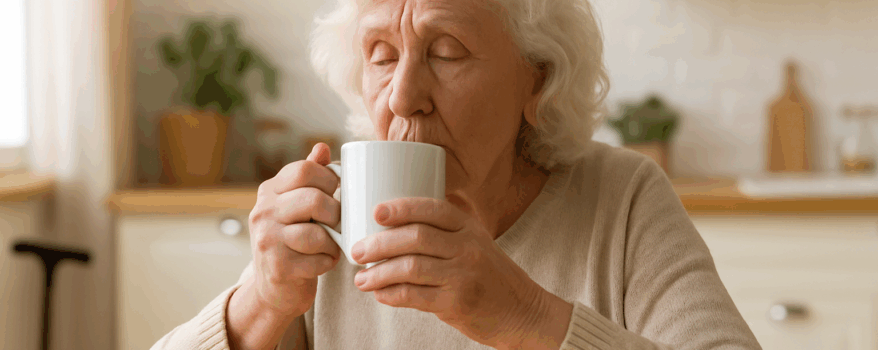 Elderly blind woman enjoying a cup of tea in her kitchen