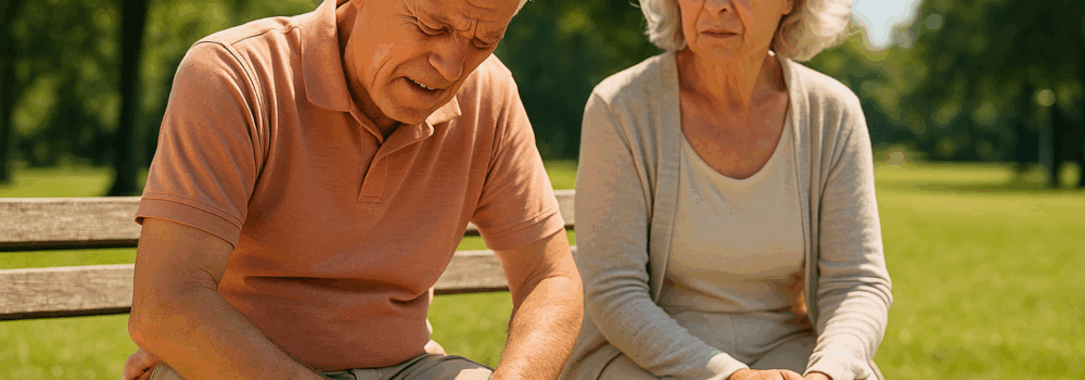 Elderly man and woman sitting on a park bench in the park, man has a pain in his knee and is rubbing it