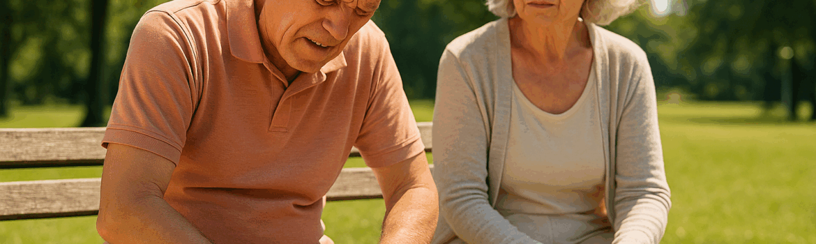 Elderly man and woman sitting on a park bench in the park, man has a pain in his knee and is rubbing it