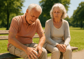Elderly man and woman sitting on a park bench in the park, man has a pain in his knee and is rubbing it