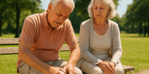 Elderly man and woman sitting on a park bench in the park, man has a pain in his knee and is rubbing it