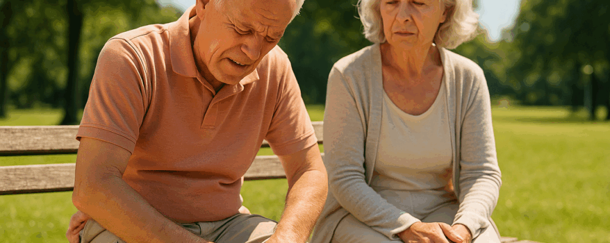Elderly man and woman sitting on a park bench in the park, man has a pain in his knee and is rubbing it