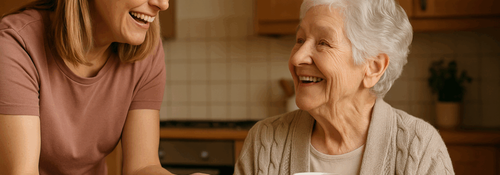 Daughter offering her mother a plate of biscuits with her cup of tea