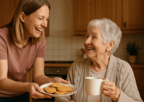 Daughter offering her mother a plate of biscuits with her cup of tea
