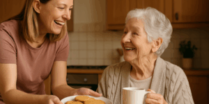 Daughter offering her mother a plate of biscuits with her cup of tea