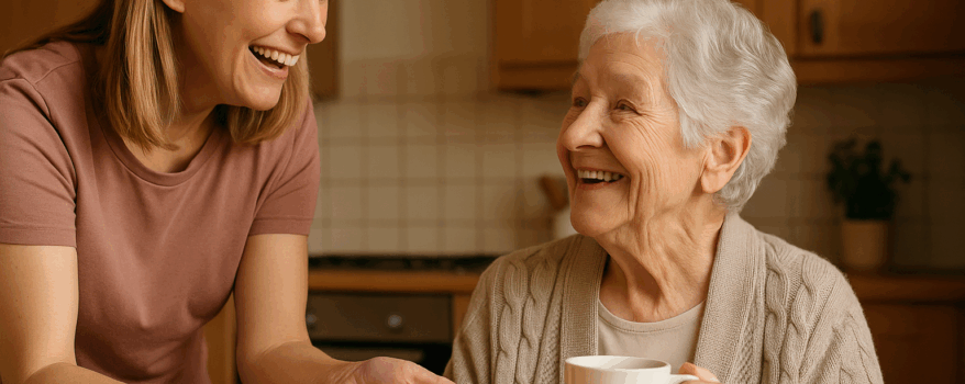 Daughter offering her mother a plate of biscuits with her cup of tea