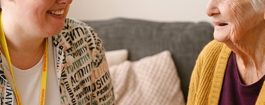 Occupational Therapist with Home visit of client enjoying a cup of tea together