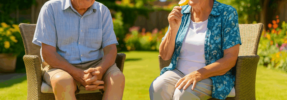 Elderly couple sitting in the back garden during a heatwave