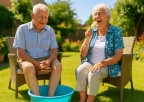Elderly couple sitting in the back garden during a heatwave
