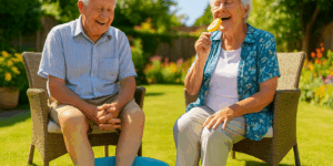 Elderly couple sitting in the back garden during a heatwave