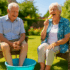 Elderly couple sitting in the back garden during a heatwave