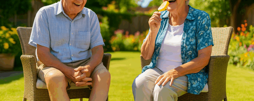Elderly couple sitting in the back garden during a heatwave