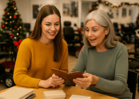 Two adult women in a mobility store looking at potential Christmas Gifts