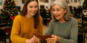 Two adult women in a mobility store looking at potential Christmas Gifts