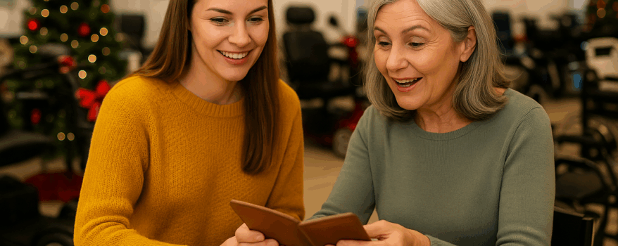 Two adult women in a mobility store looking at potential Christmas Gifts