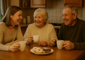 Mother, father and daughter enjoy tea and cake together in the kitchen at the table.
