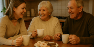 Mother, father and daughter enjoy tea and cake together in the kitchen at the table.