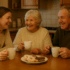 Mother, father and daughter enjoy tea and cake together in the kitchen at the table.