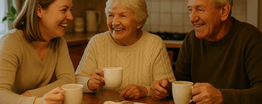 Mother, father and daughter enjoy tea and cake together in the kitchen at the table.