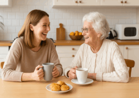 Adult woman drinks coffee with her Mother in the kitchen
