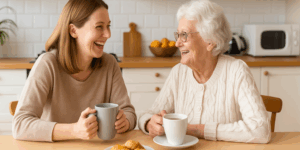 Adult woman drinks coffee with her Mother in the kitchen