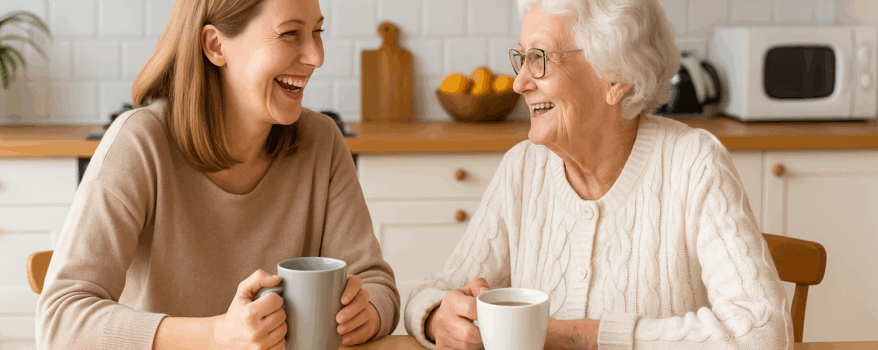 Adult woman drinks coffee with her Mother in the kitchen