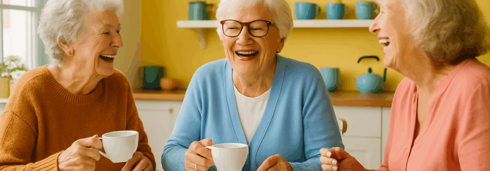 Three elderly women sitting at a bright and cheerful kitchen table, laughing and enjoying tea and cake together in a warm, vibrant setting.